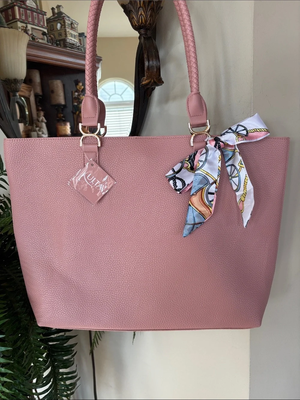 Ulta Dusty Rose Pink Pebbled Tote Bag Office Laptop Scarf Accent Bow Braided